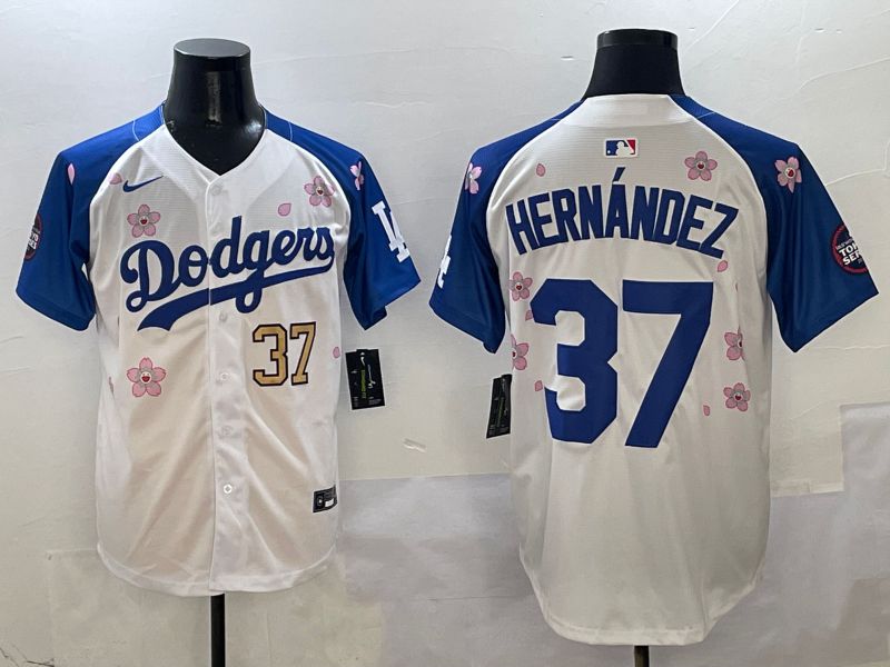 Men Los Angeles Dodgers #37 Hernandez White Blue Sakura Edition 2025 Nike MLB Jersey style 2->->